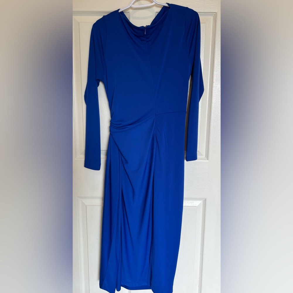Donna Karan New York Blue Draped Ruched Midi Bodycon Elegant Stretch Dress - Picture 2 of 4